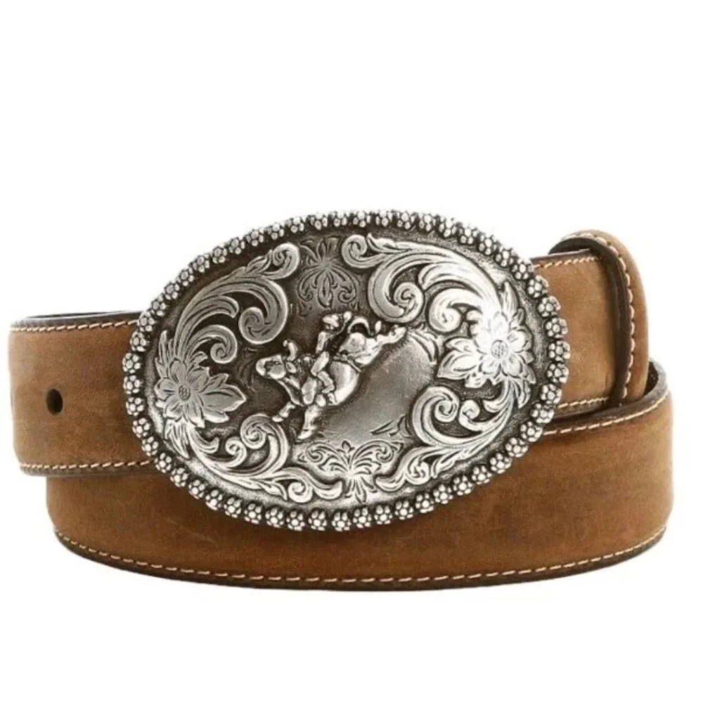 Nocona 4421844 3D Bullriders Silver Buckle Brown Leather Belt Boy Sz 24 23-28